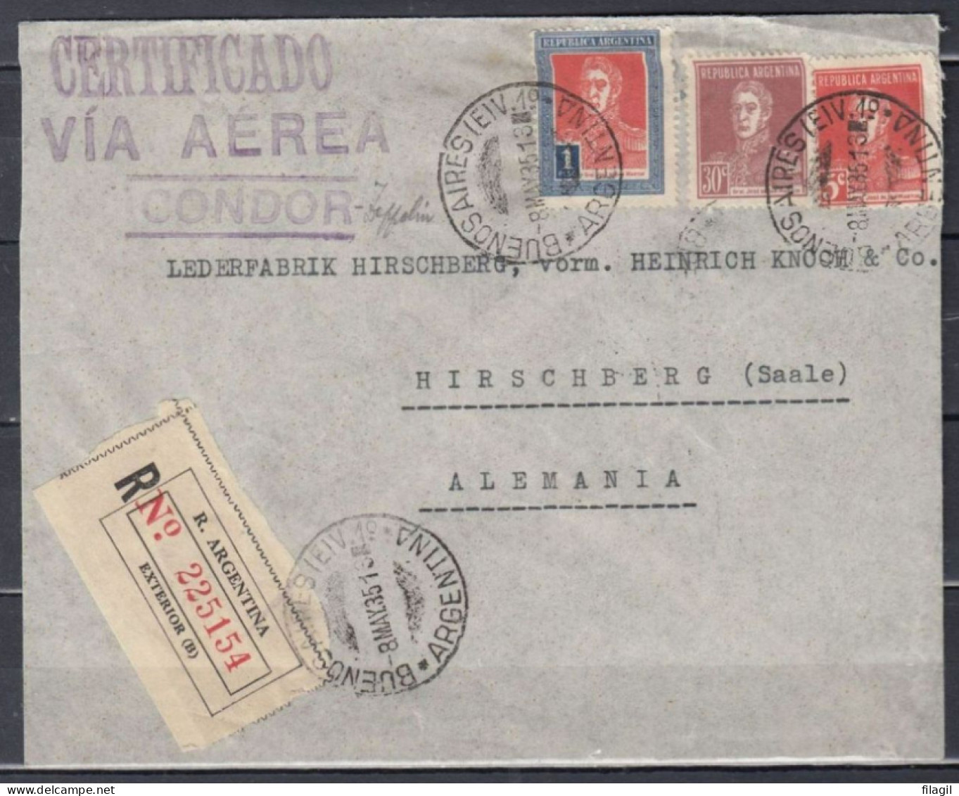 Recommandée Brief Van Buenos Aires Argentina Naar Hirschberg (Saale) Duitsland Certificado Via Aerea Condor-Zeppelin - Luftpost