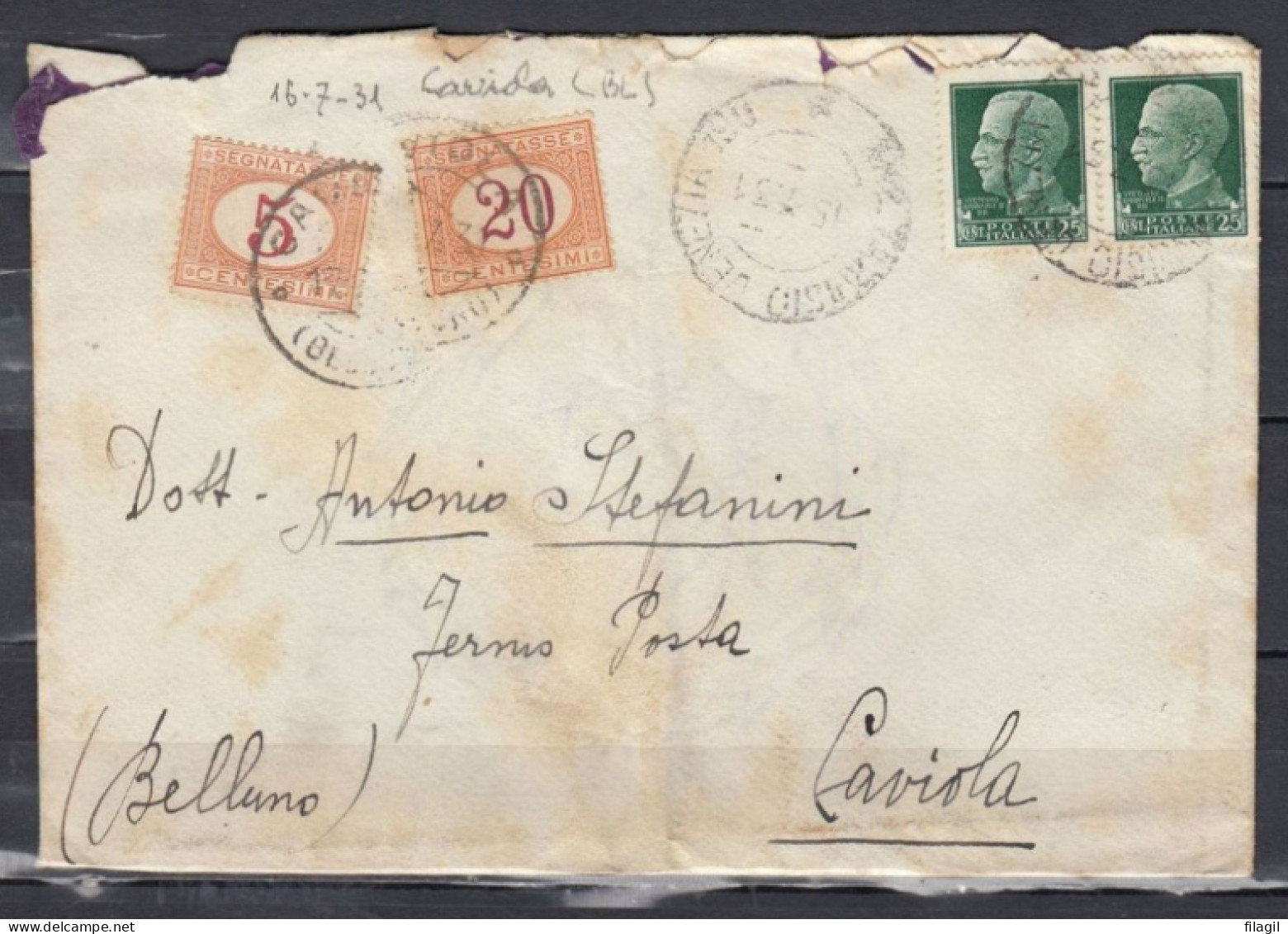 Brief Van Venezia Naar Caviola (Belluno) - Segnatasse