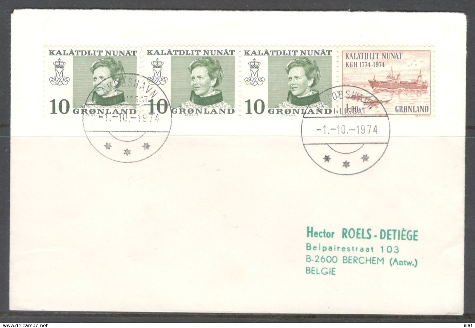 Greenland. Stamps Sc.87, 98 On Letter, Sent To Belgium On 01.10.1974.   Circular Cancellation - Storia Postale