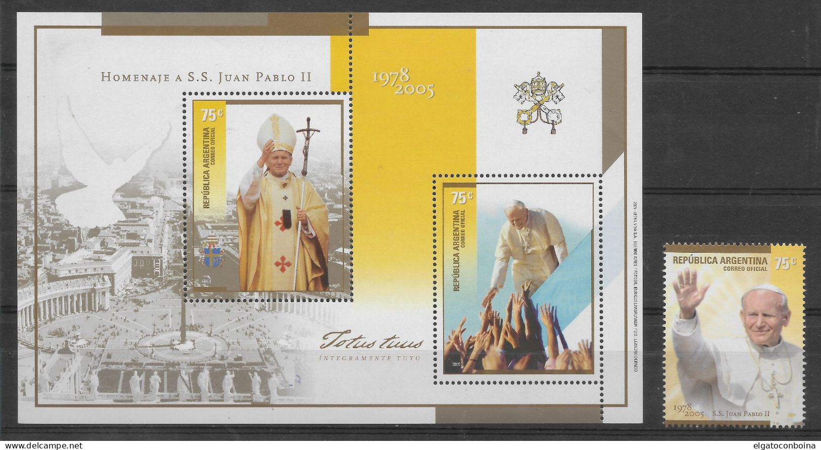 ARGENTINA 2005 TRIBUTE TO POPE JOHN PAUL II RELIGION SOUVENIR SHEET + STAMP MNH - Neufs