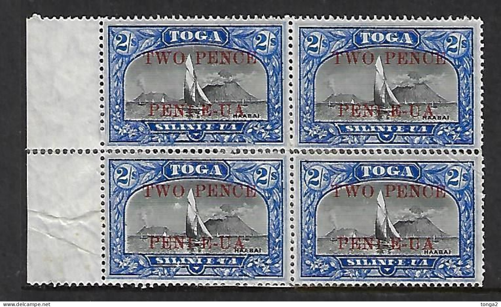 #h374 - Early Tonga 1923 Shows 2 Volcano  SG 68a Block Of 4 MH -  2d On 2/-  Cat £48.00 - Vulkanen