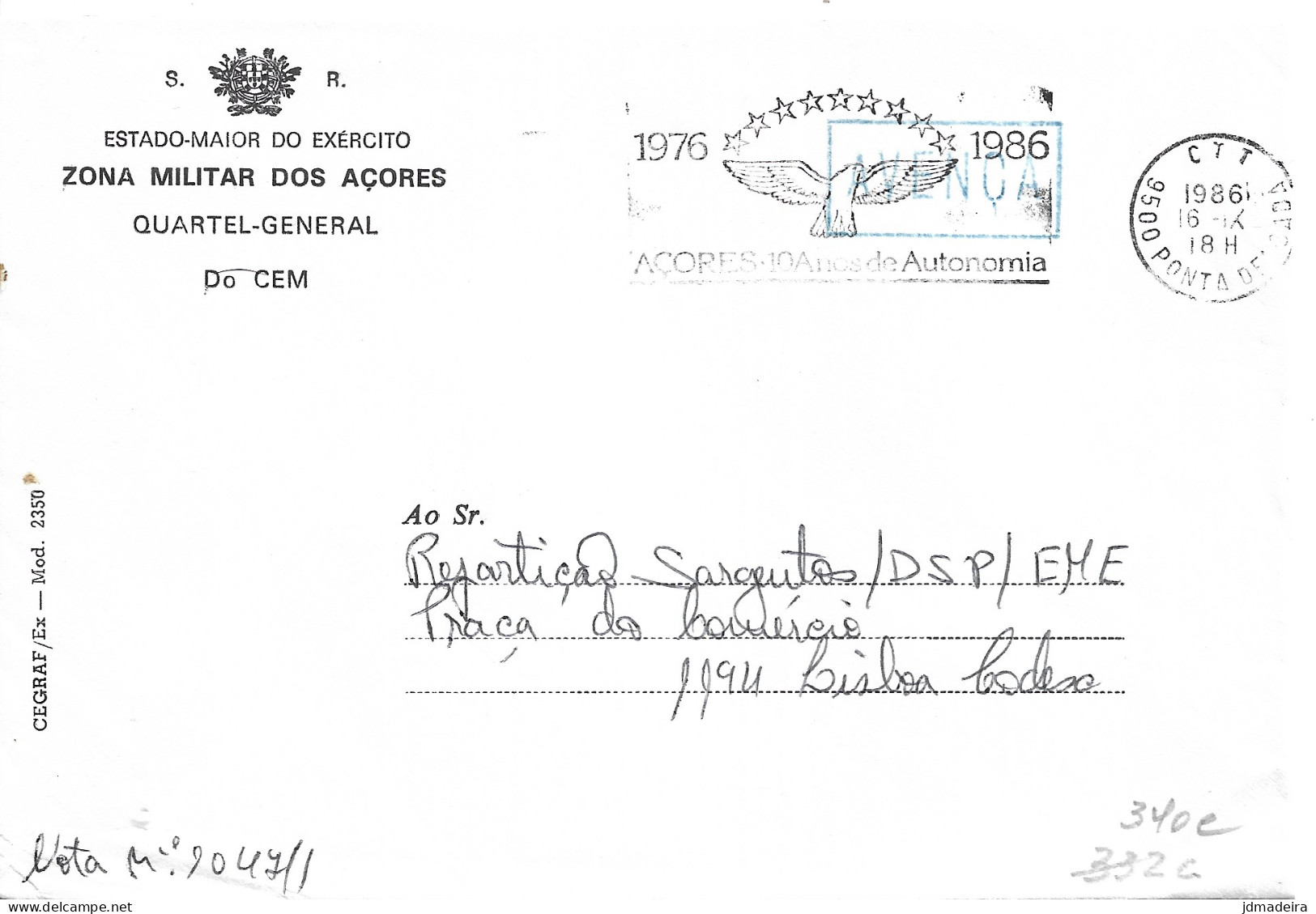 Portugal Military Cover AÇORES 10 ANOS DE AUTONOMIA Slogan Cancel - Briefe U. Dokumente