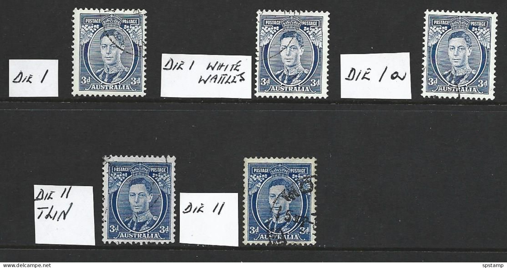 Australia 1937 3d Blue KGVI Definitive 5 Different With All Dies & White Wattles Variety VFU - Gebruikt