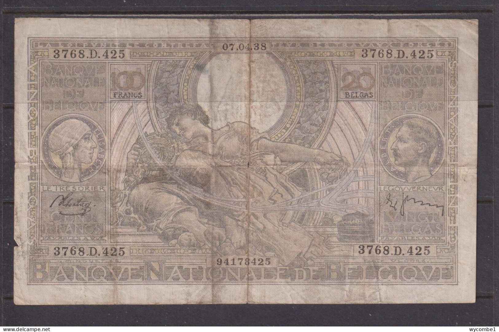 BELGIUM - 1938 100 Francs Circulated Banknote As Scans - 100 Franchi & 100 Franchi-20 Belgas