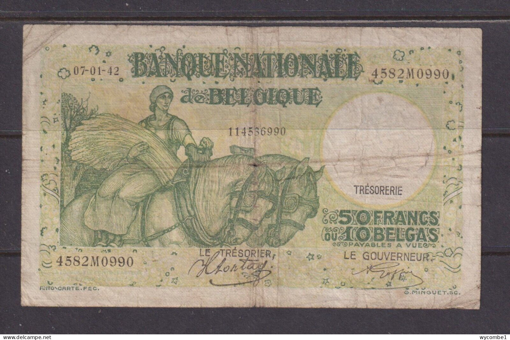 BELGIUM - 1942 50 Francs Circulated Banknote As Scans - 50 Francs-10 Belgas