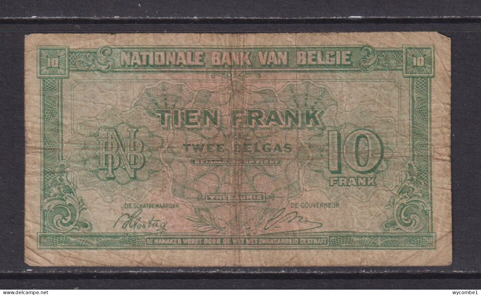 BELGIUM - 1943 10 Francs Circulated Banknote - 10 Francos-2 Belgas