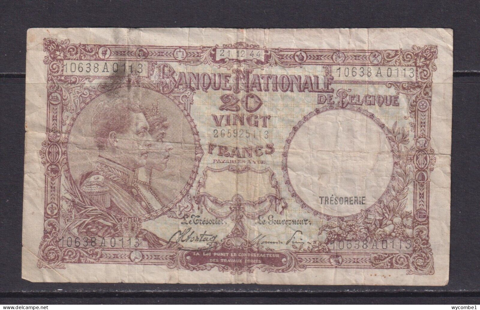 BELGIUM - 1944 20 Francs Circulated Banknote - Sonstige & Ohne Zuordnung