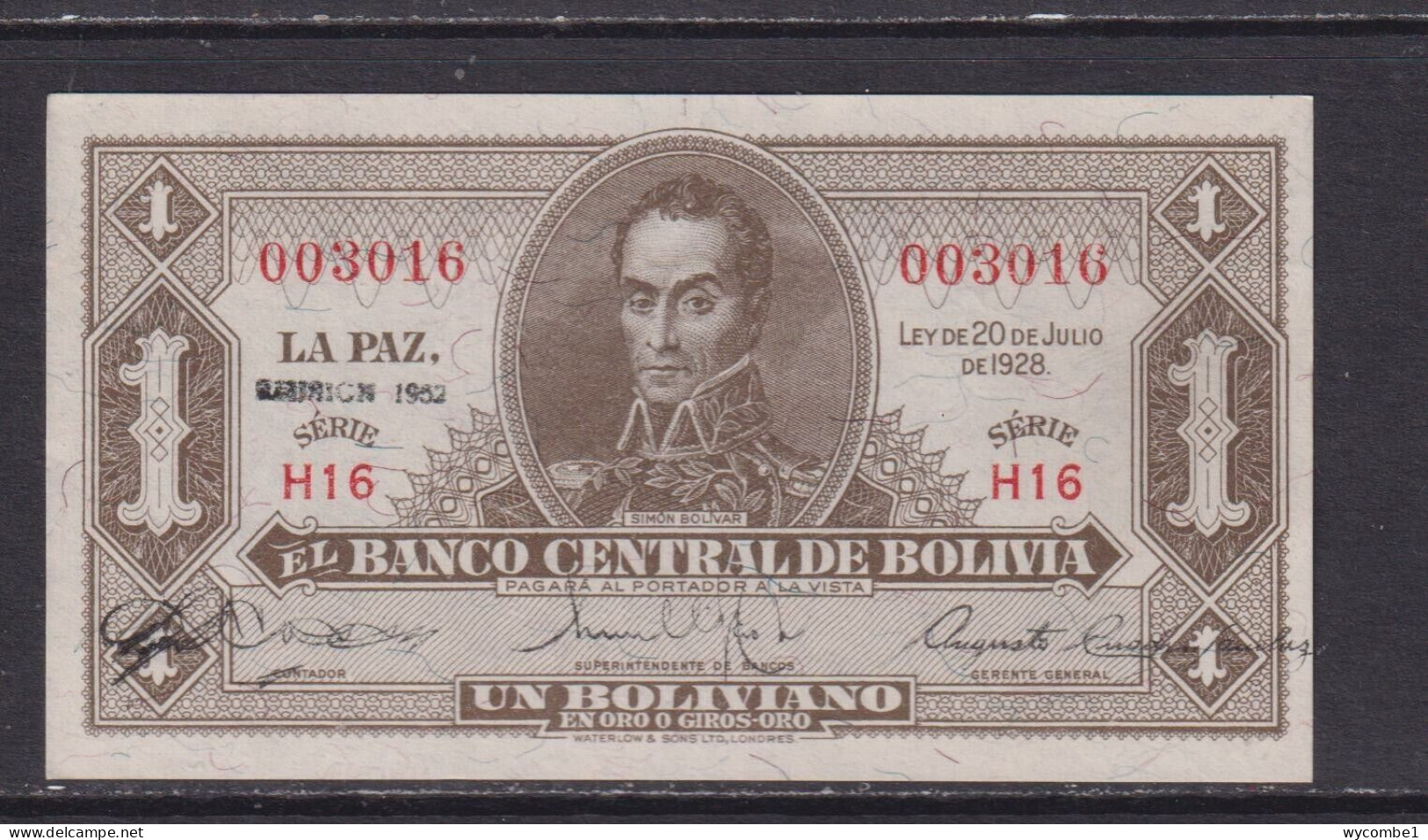 BOLIVIA - 1952 1 Boliviano Circulated Banknote - Bolivia