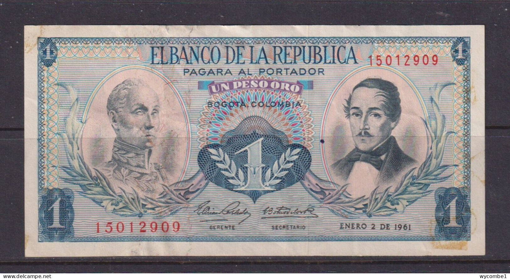 COLOMBIA - 1961 1 Peso Circulated Banknote - Kolumbien