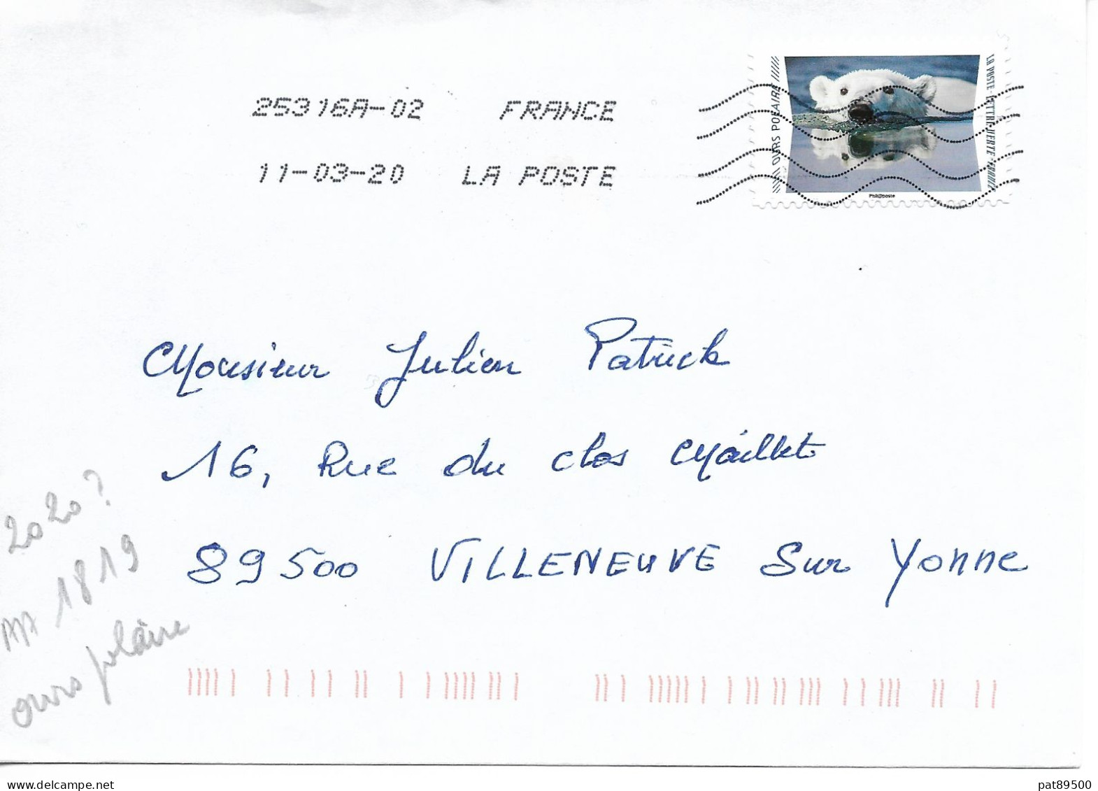 France 2020 Auto-adhésif  AA 1819/oblitéré Sur Enveloppe 03/2020 / OURS POLAIRE // OK. // - Lettres & Documents