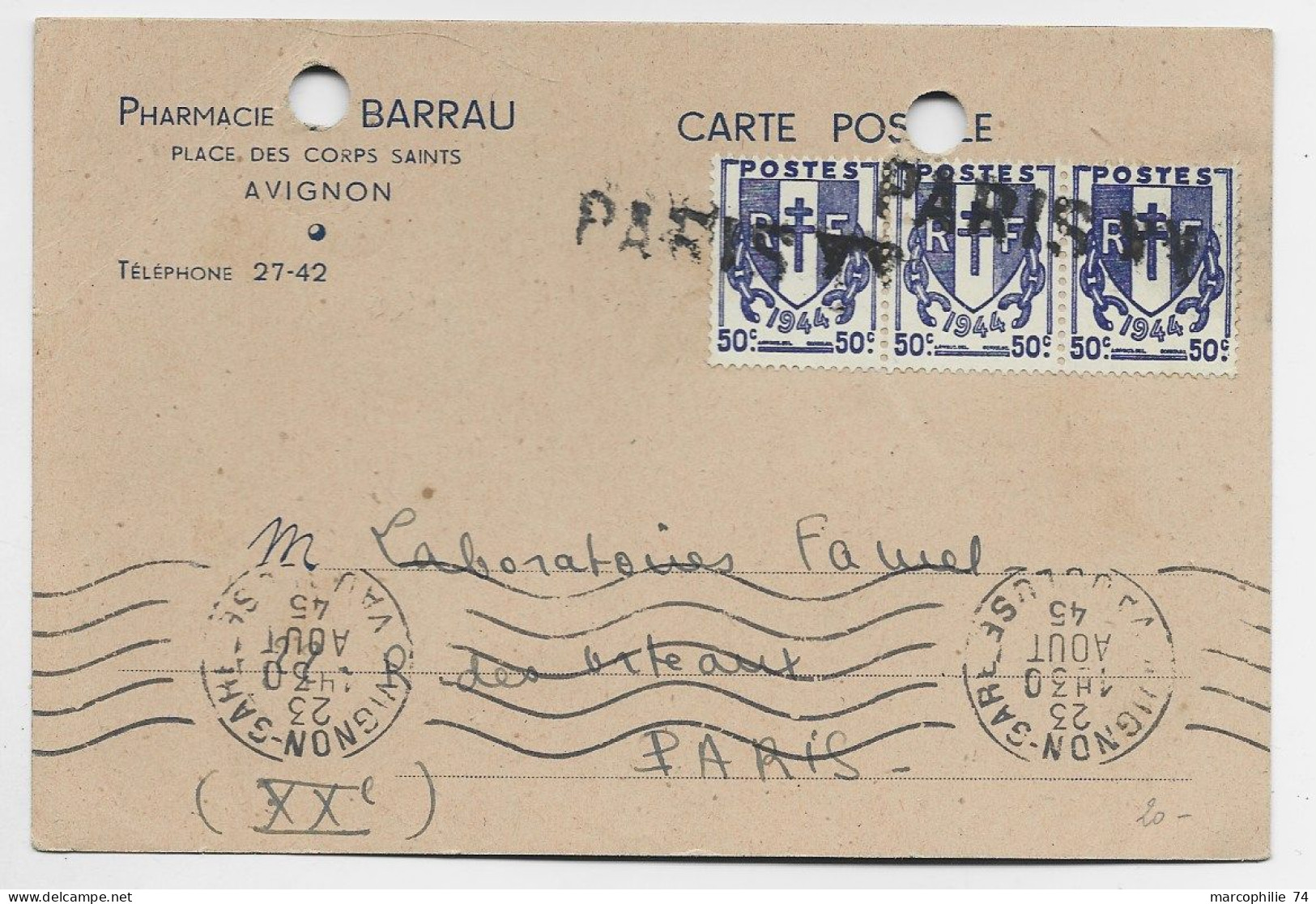 FRANCE CHAINE 50C BANDE DE 3 ANNULATION GRIFFE PARIS XV SUR CARTE TROUS D'ARCHIVE AVIGNON 23. AOUT 1945 - 1941-66 Escudos Y Blasones