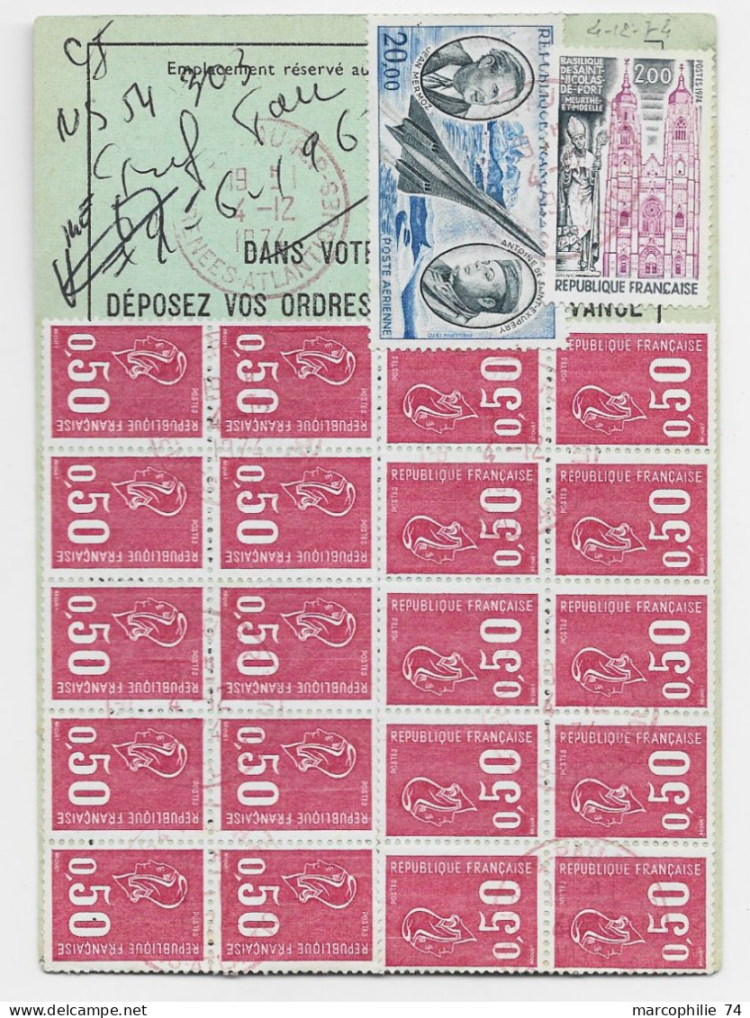 BEQUET 50C CARNET 2 BLOCS DE 10 + PA 20FR+2FR CARTE REEXPEDITION DEFINIF CACHET ROUGE PAU RP 4.12.1974 AU TARIF - 1971-1976 Marianna Di Béquet