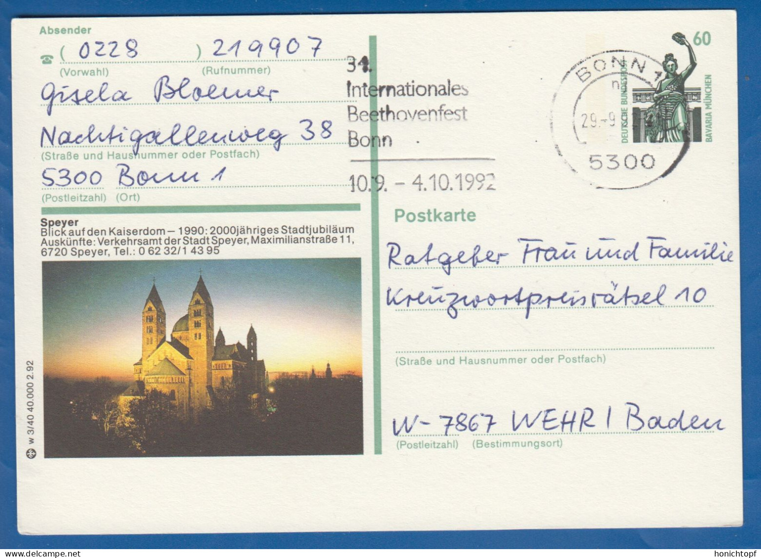 Deutschland; BRD; Postkarte; 60 Pf Bavaria München; Speyer Kaiserdom - Illustrated Postcards - Used