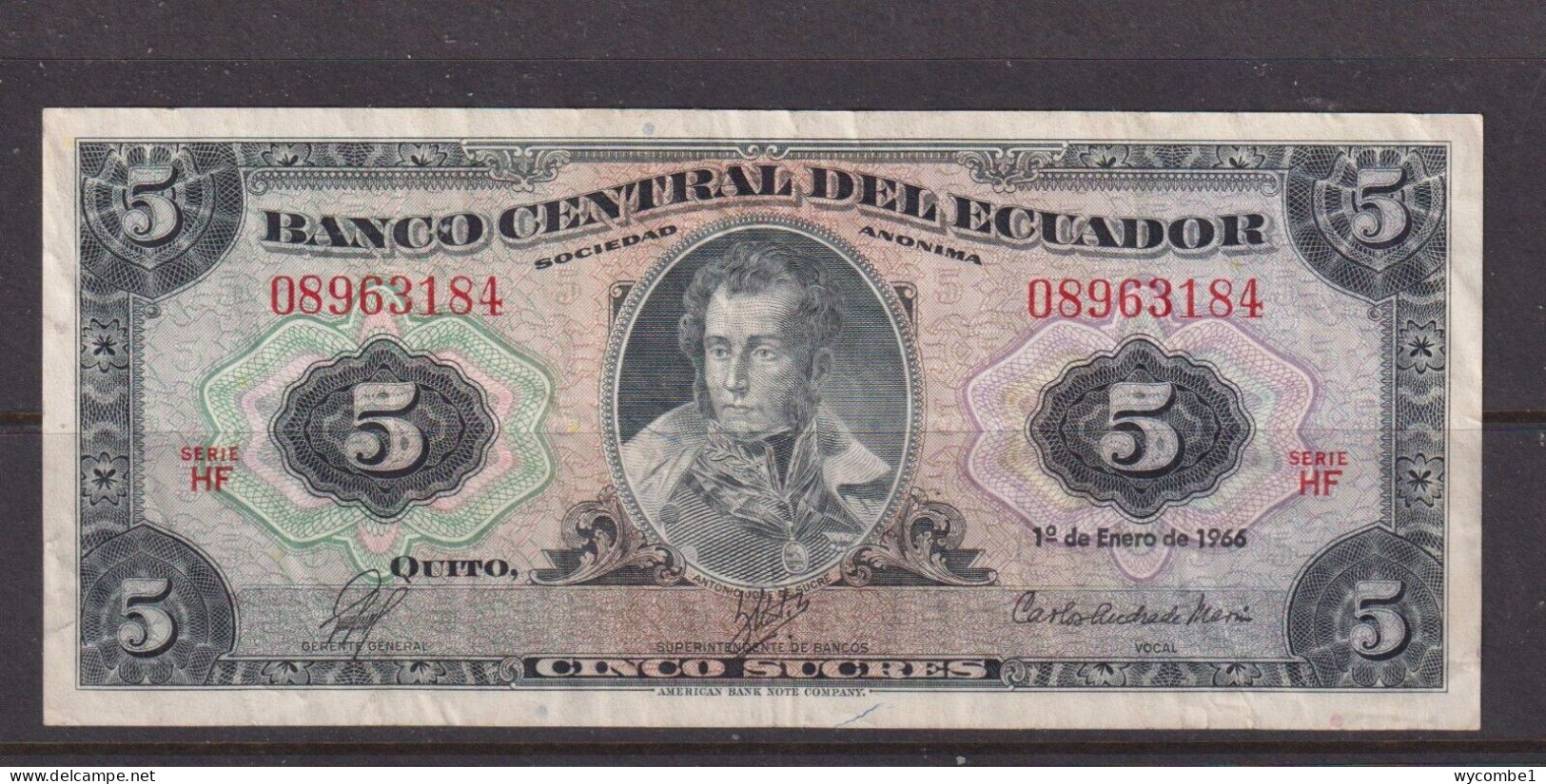 ECUADOR - 1966 5 Sucres Circulated Banknote - Equateur