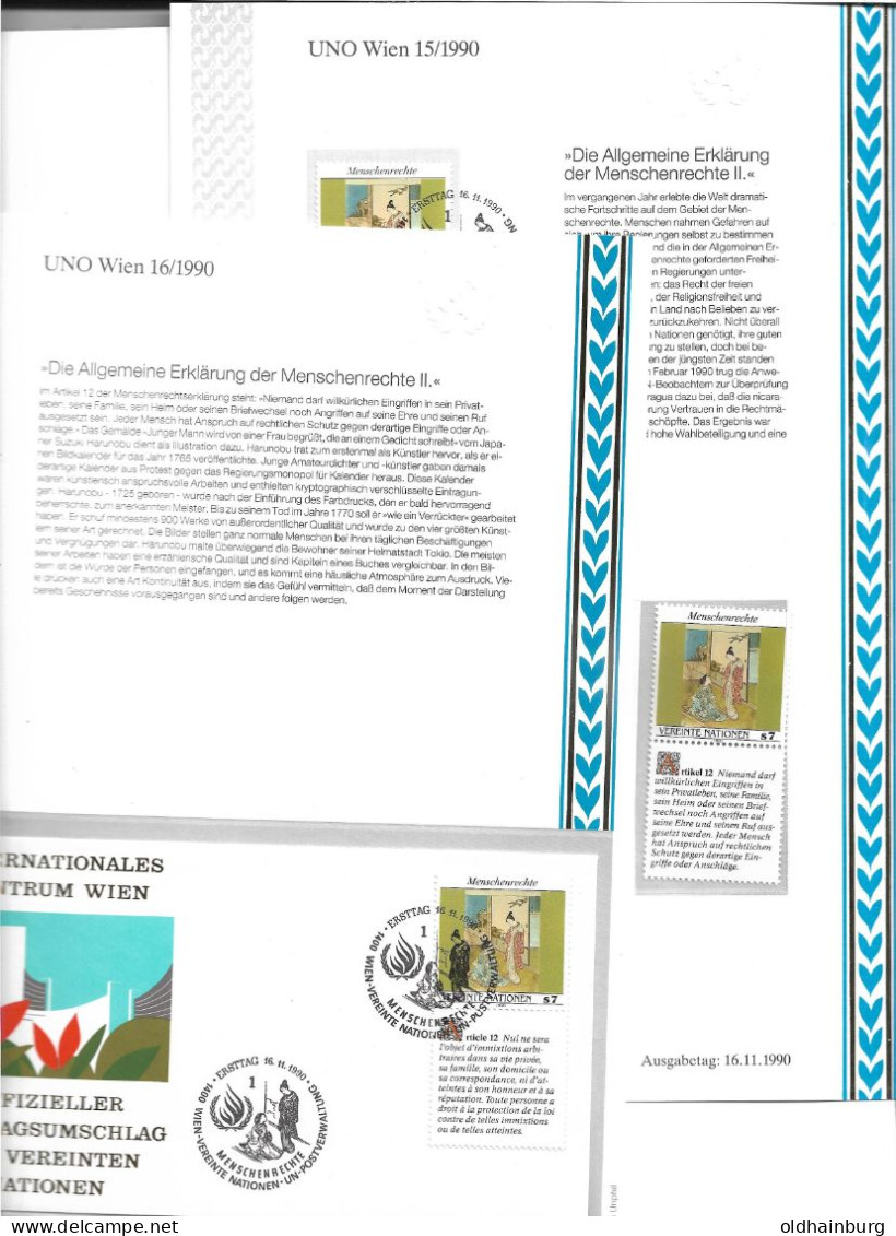 0058a: UNO Wien 1990, Menschenrechte 2 Werte Jeweils Auf ETB Mit FDC, **/o Ausgaben - Storia Postale
