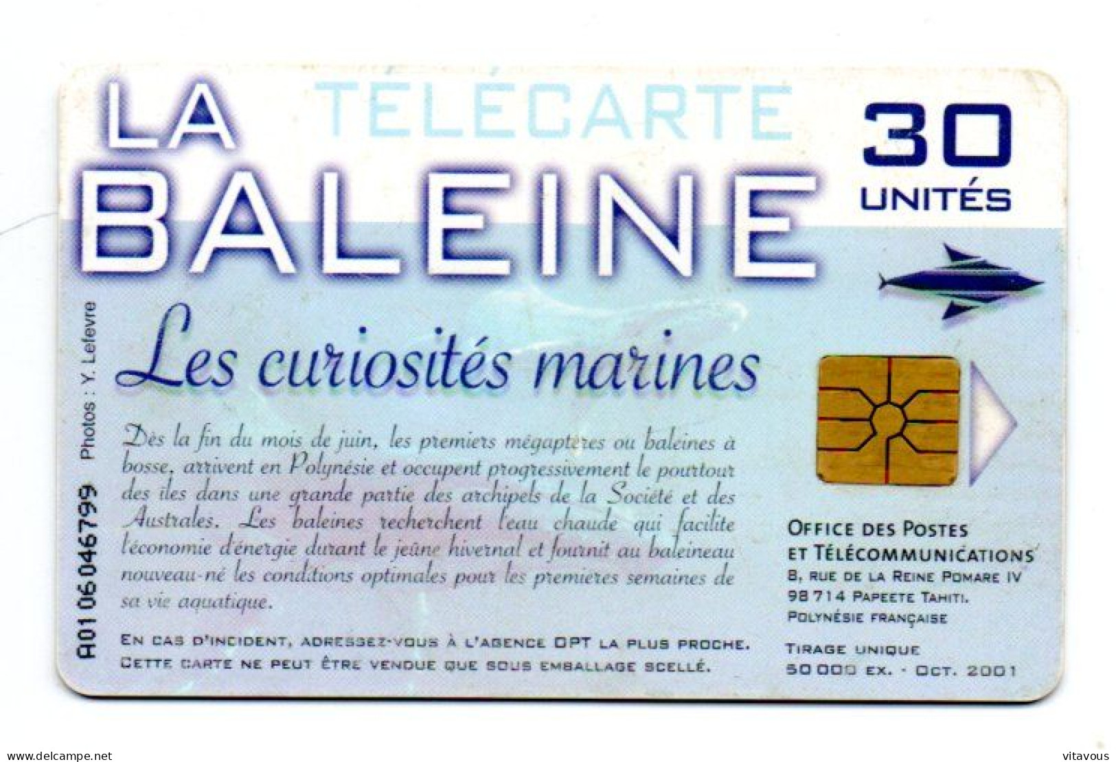 Baleine  Curiosités Marine- PF 154 -Télécarte Puce  Polynésie Tahiti Phonecard  (R 841) - French Polynesia