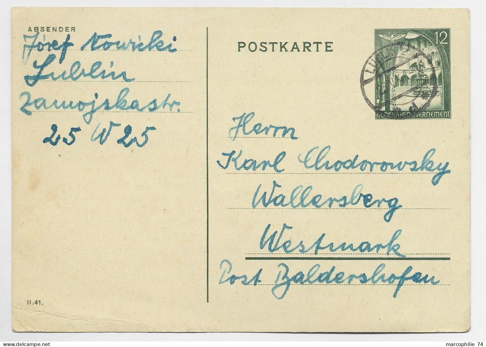 GENERAL GOUVERNEMENT ENTIER 12C REICH POSTKARTE LUBLIN 23.V.1941 TO GERMANY - General Government