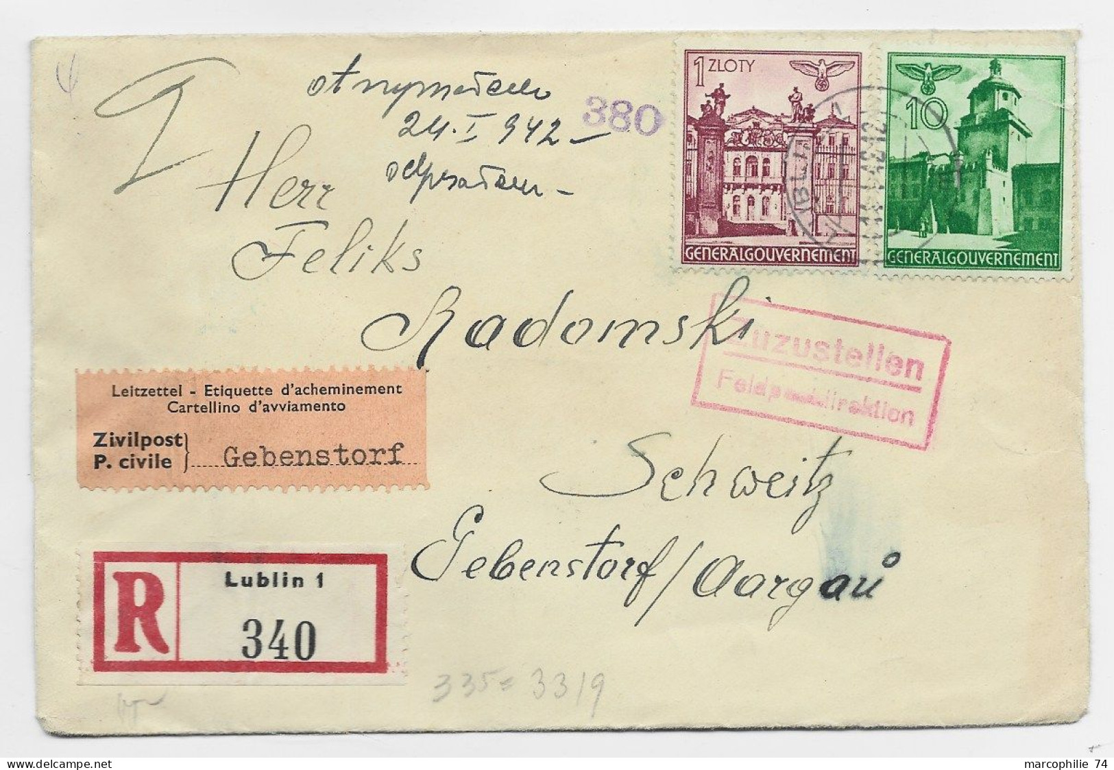 GENERAL GOUVERNEMENT 1 ZLOTY+10C LETTRE COVER BRIEF REC LUBLIN 1942 TO SUISSE + ETIQUETTE ZIVILPOST CIVILE +CENSURE NAZI - Gouvernement Général