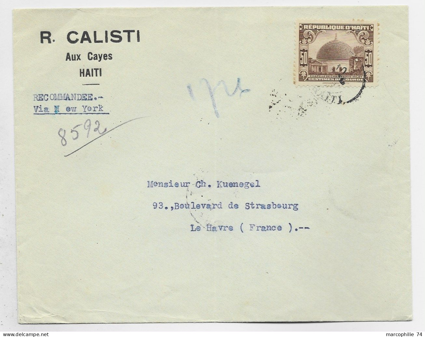 HAITI 50C SOLO LETTRE COVER  REC AUX CAYES 1939 TO FRANCE VIA NEW YORK - Haïti