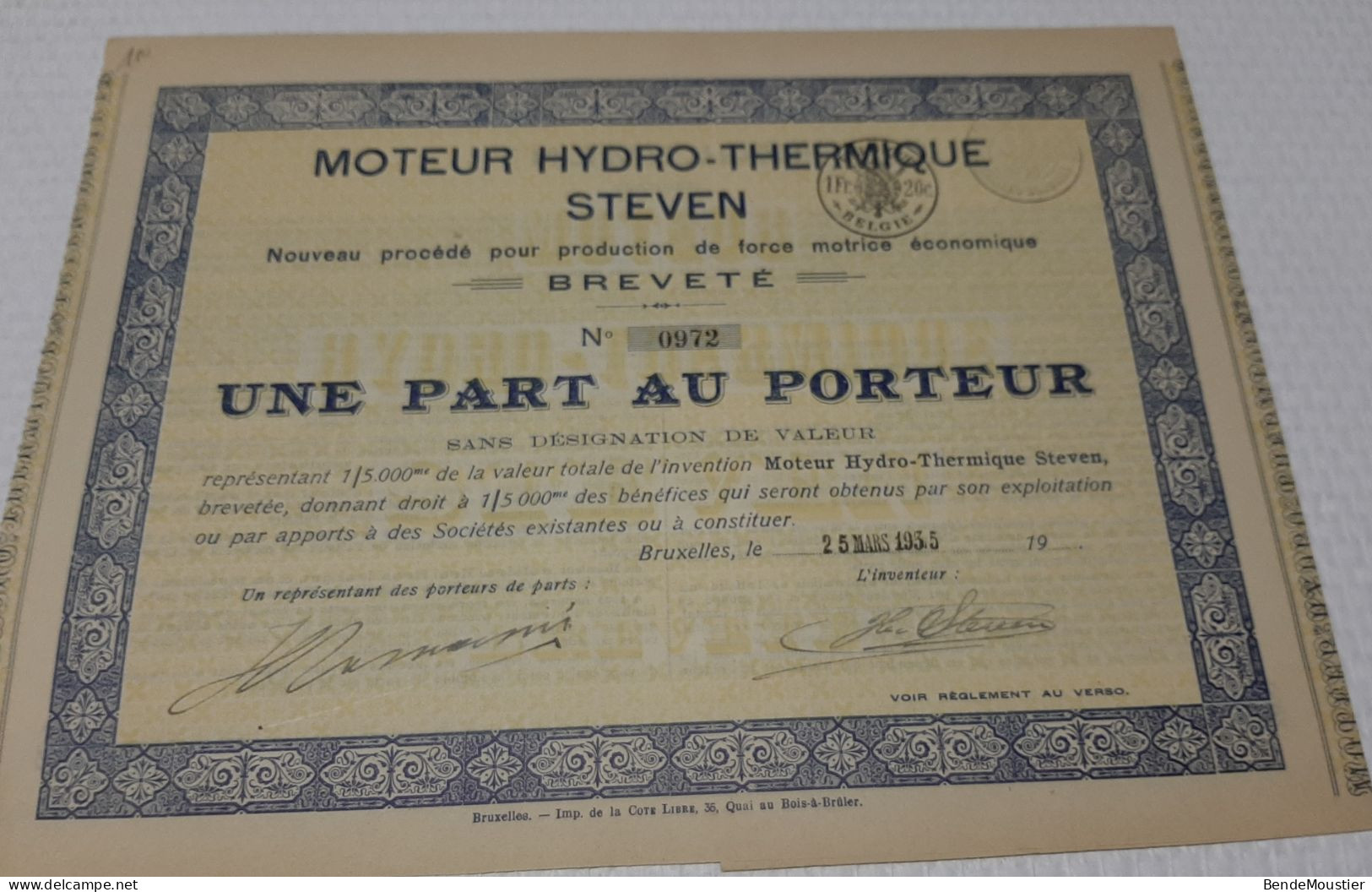 Moteur Hydro-Thermique Steven - Force Motrice -  Une Part Au Porteur - Bruxelles 25 Mars 1935. - Industrie