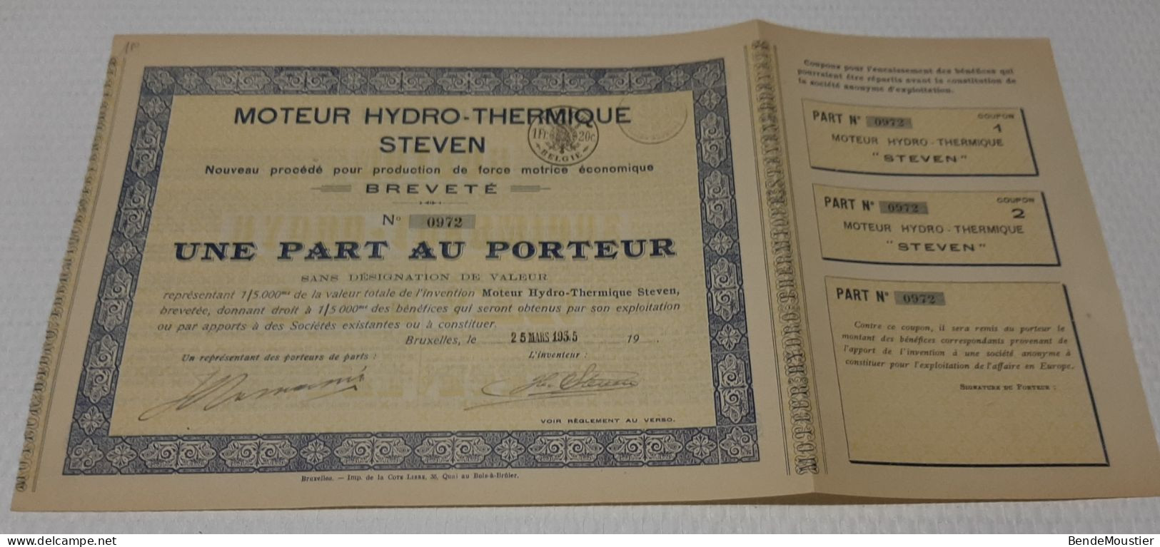 Moteur Hydro-Thermique Steven - Force Motrice -  Une Part Au Porteur - Bruxelles 25 Mars 1935. - Industrie