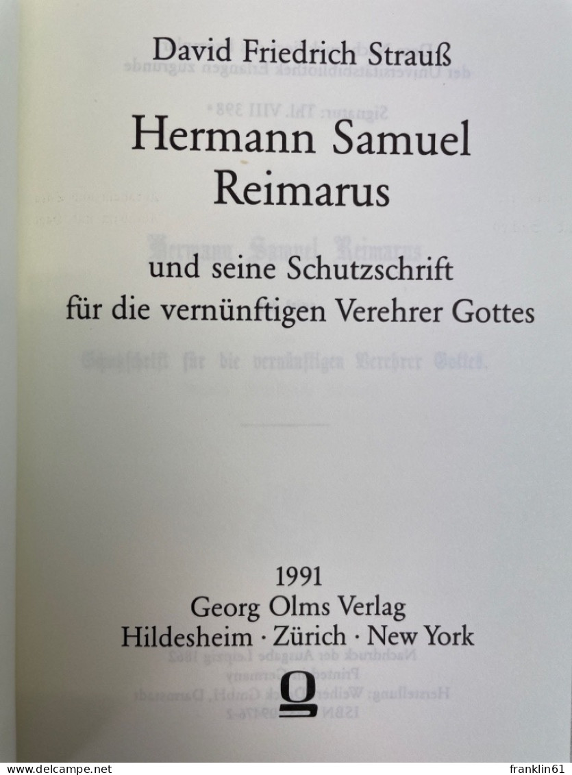 Hermann Samuel Reimarus Und Seine Schutzschrift Für Die Vernünftigen Verehrer Gottes. - Sonstige & Ohne Zuordnung