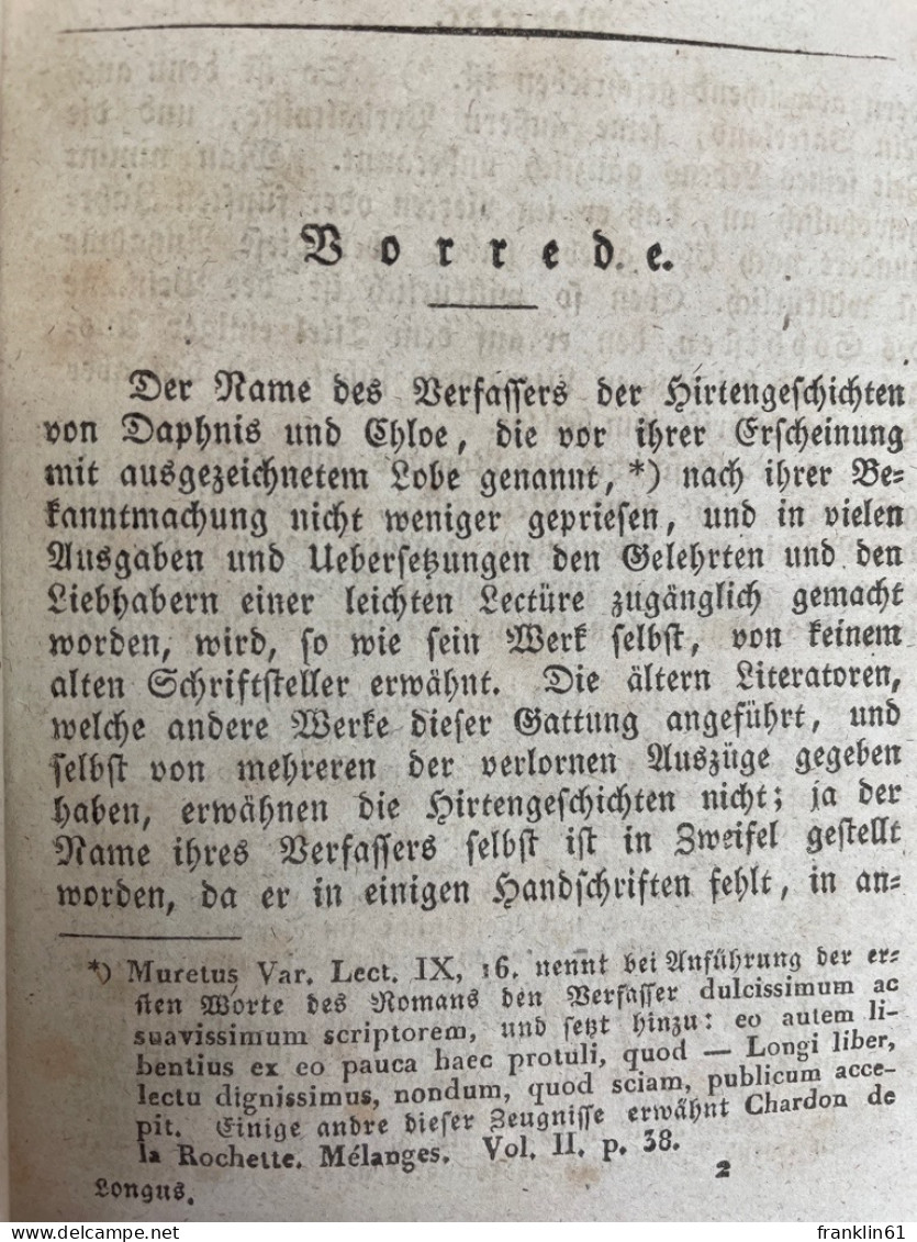 Longus Hirtengeschichten Von Daphnis Und Chloe In Vier Büchern. - Lyrik & Essays