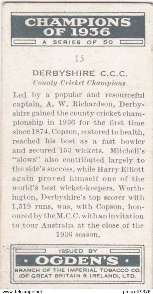 Champions Of 1936 - Ogdens Cigarette Card - 15 Derbyshire County Cricket Club - Ogden's