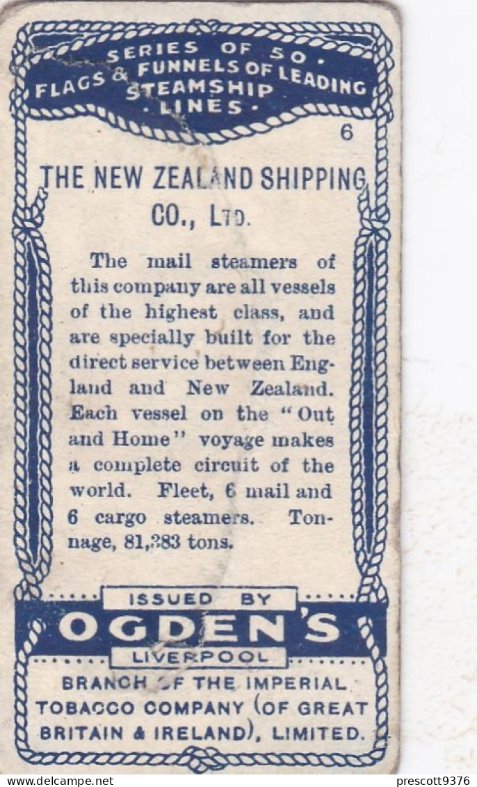 Flags & Funnels Of Leading Steamship Lines 1906 - Ogdens Cigarette Card - 6 New Zealand Steamship Co - Ogden's