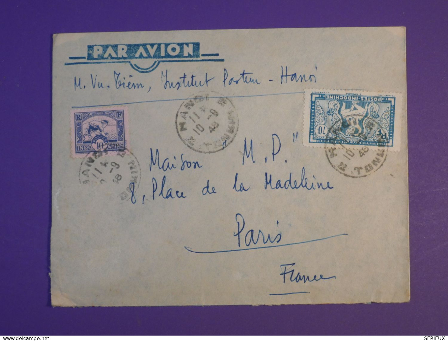 DG1  INDOCHINE BELLE LETTRE   1949 PAR AVION HANOI A PARIS FRANCE   +AFF. INTERESSANT+++ - Briefe U. Dokumente