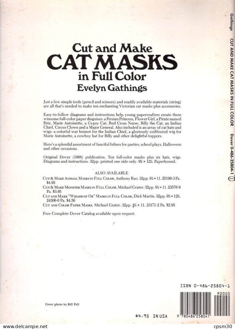 Livre, Cut And Make CAT MASKS In Full Color, Evelyn Gathings 1988 - Comicfiguren