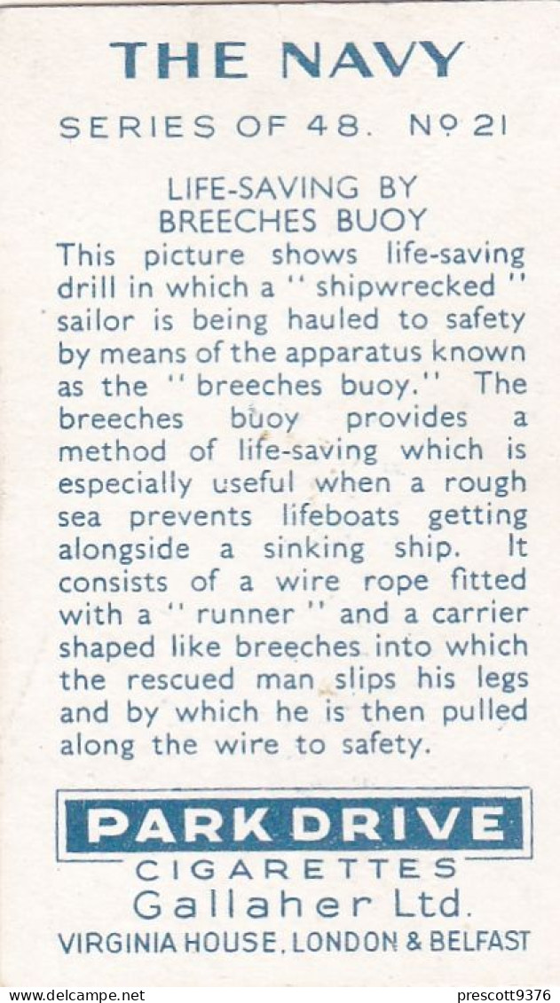 The Navy 1938 - Gallaher Cigarette Card - 21 Life Saving By Breech Buoy - Gallaher