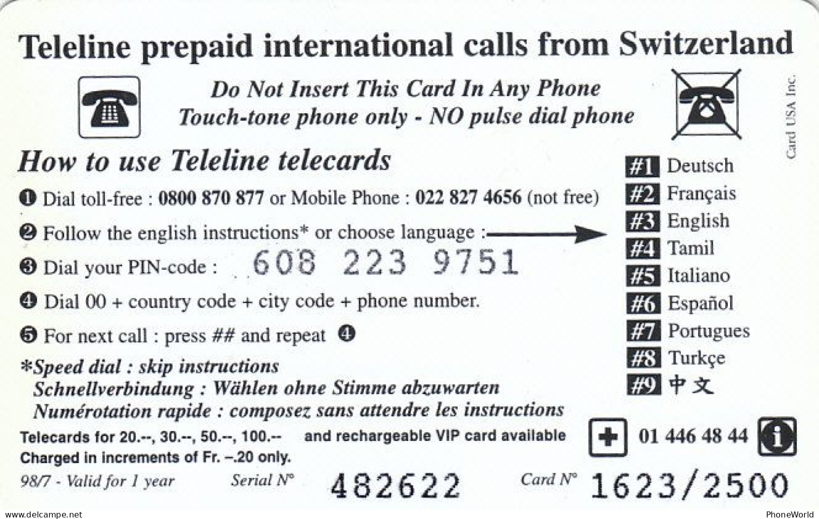 Swiss, Teleline  Van TC  Fr.20 '98, Dolphin, 1623/2500 - Switzerland