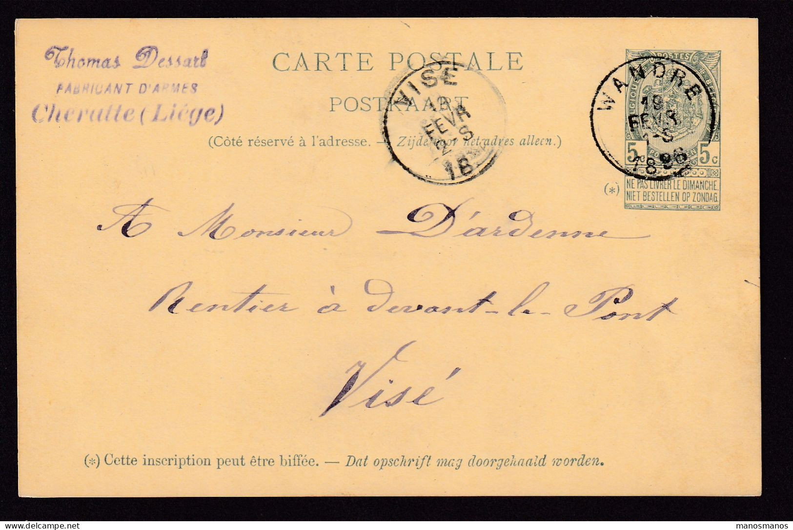 DDFF 439 - Entier Armoiries WANDRE 1896 Vers VISE - Cachet Privé Thomas Dessart , Fabricant D'Armes à CHERATTE - Cartes Postales 1871-1909