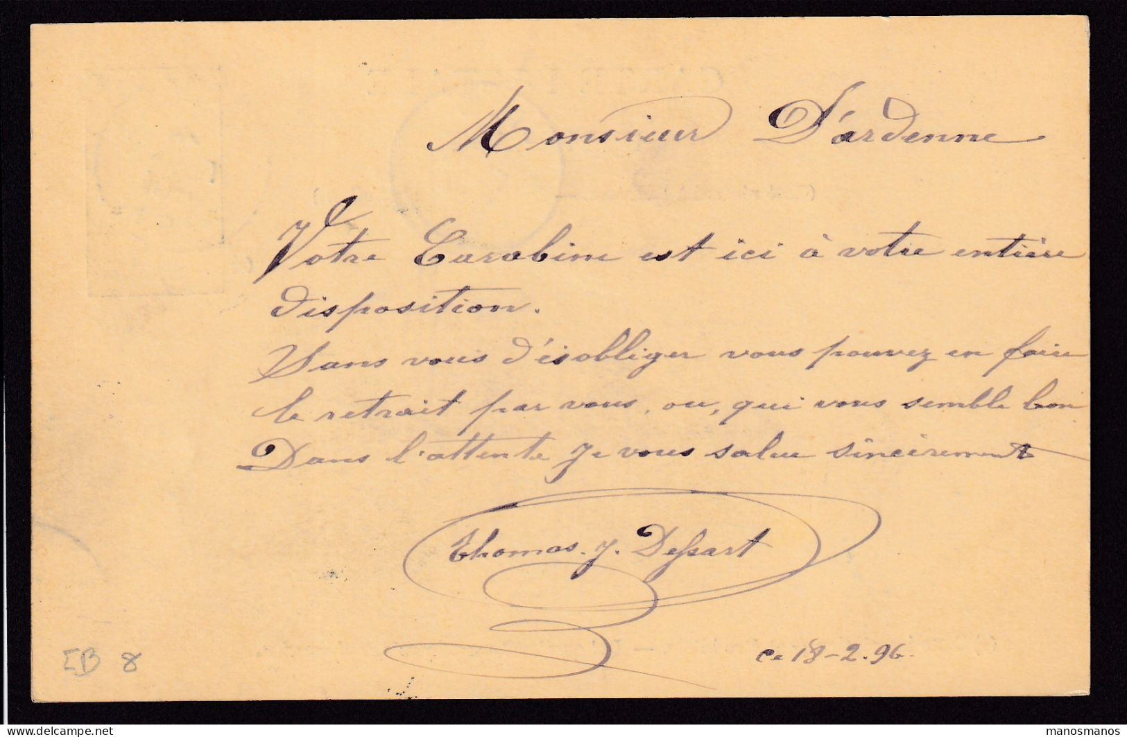 DDFF 439 - Entier Armoiries WANDRE 1896 Vers VISE - Cachet Privé Thomas Dessart , Fabricant D'Armes à CHERATTE - Briefkaarten 1871-1909