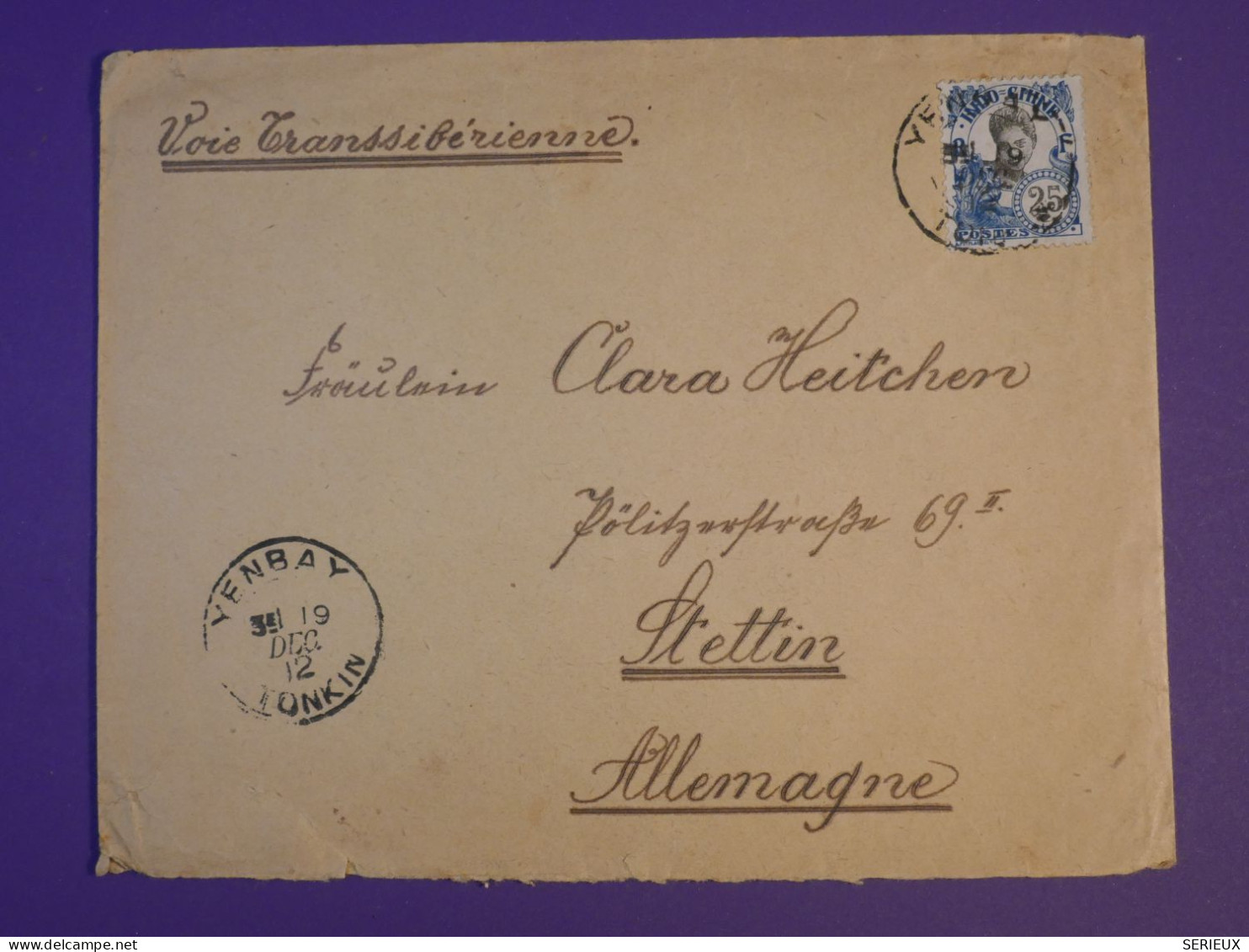DG1  INDOCHINE BELLE LETTRE 1912 VOIE TRANSSIBERIENNE PETIT BUREAU YENBAY   A  STETTIN ALLEMAGNE   +AFF. INTERESSANT+++ - Covers & Documents