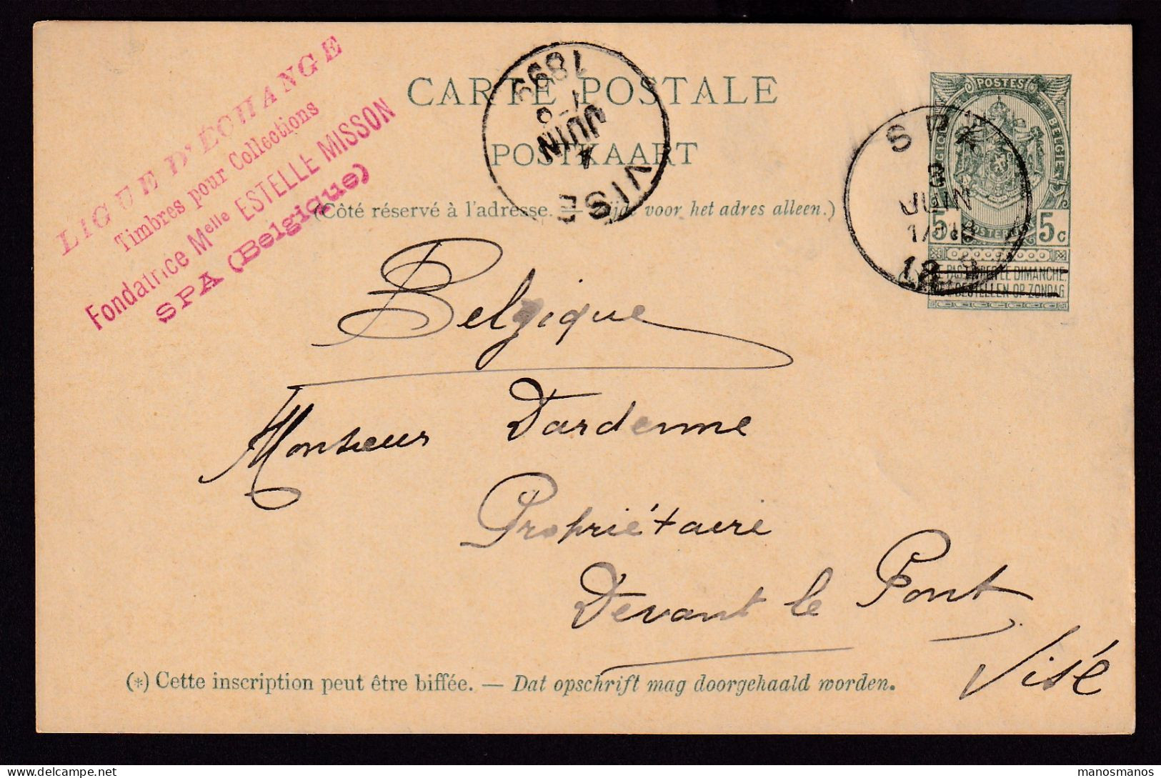 DDFF 441 - Entier Armoiries SPA 1899 Vers VISE - Cachet Privé Ligue D'Echange Timbres Pour Collections - Cartes Postales 1871-1909