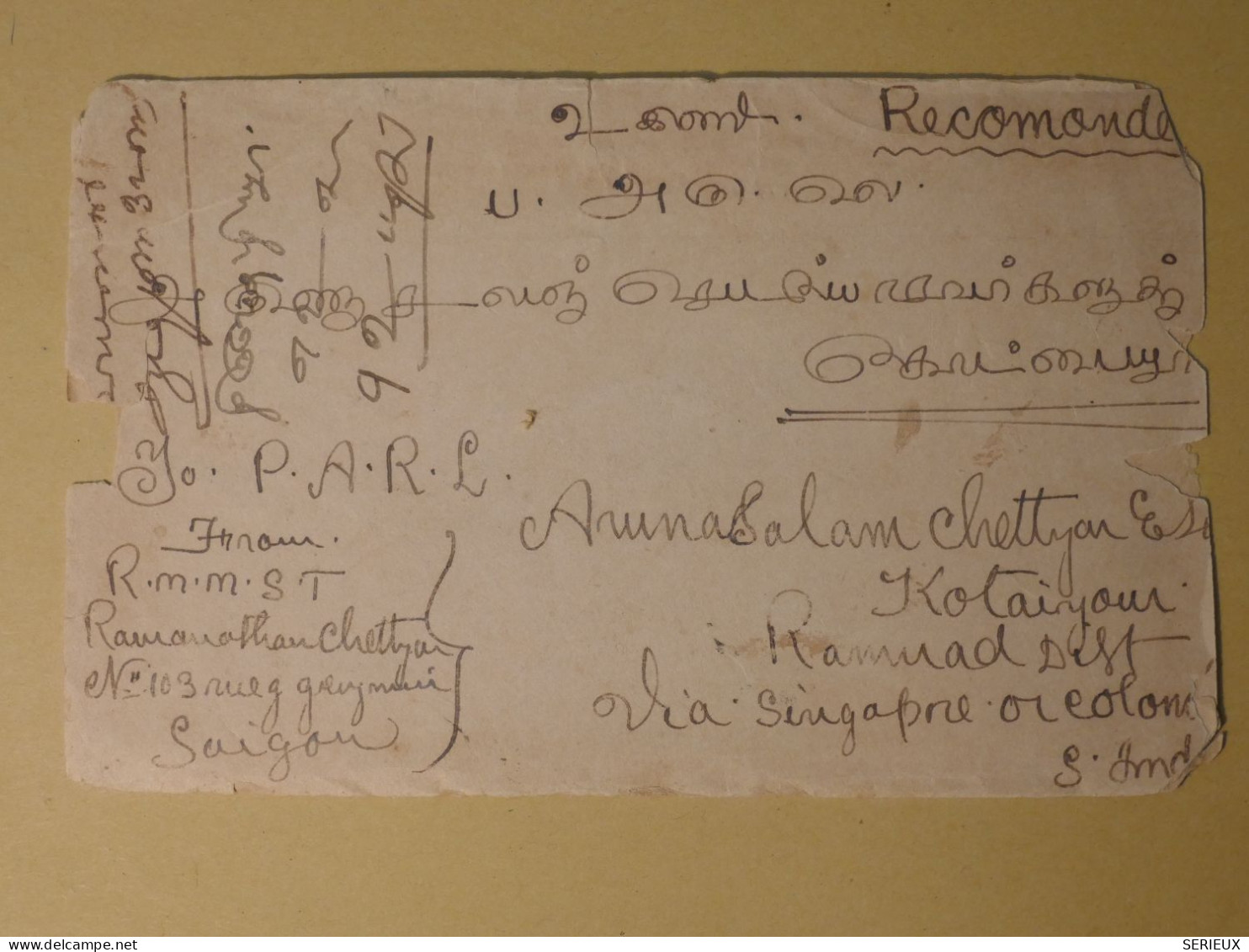 DG1  INDOCHINE BELLE LETTRE RECO.  1929 SAIGON    A  KOTAIYOUR SINGAPORE   +AFF. INTERESSANT+++ - Cartas & Documentos