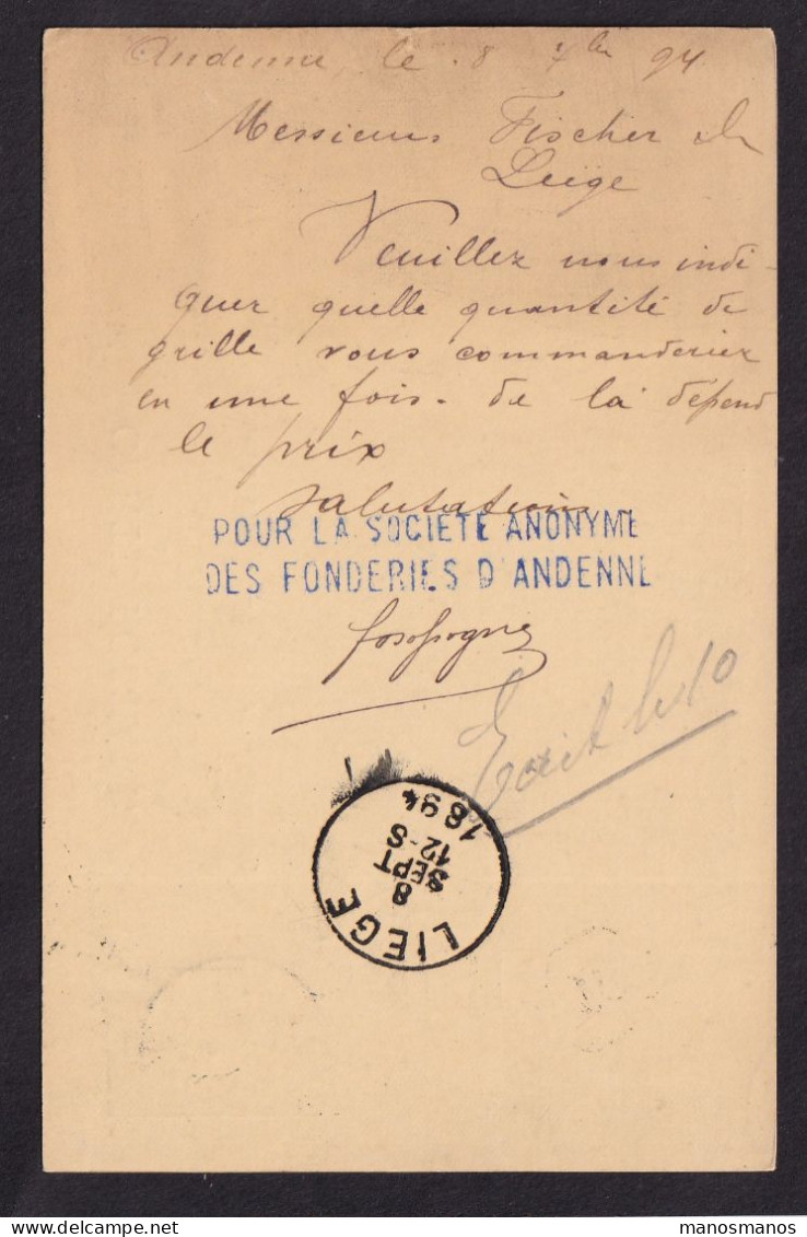 DDFF 442 - Entier Armoiries ANDENNE 1894 Vers LIEGE - Cachet Privé S.A. Des Fonderies D' ANDENNE - Postcards 1871-1909