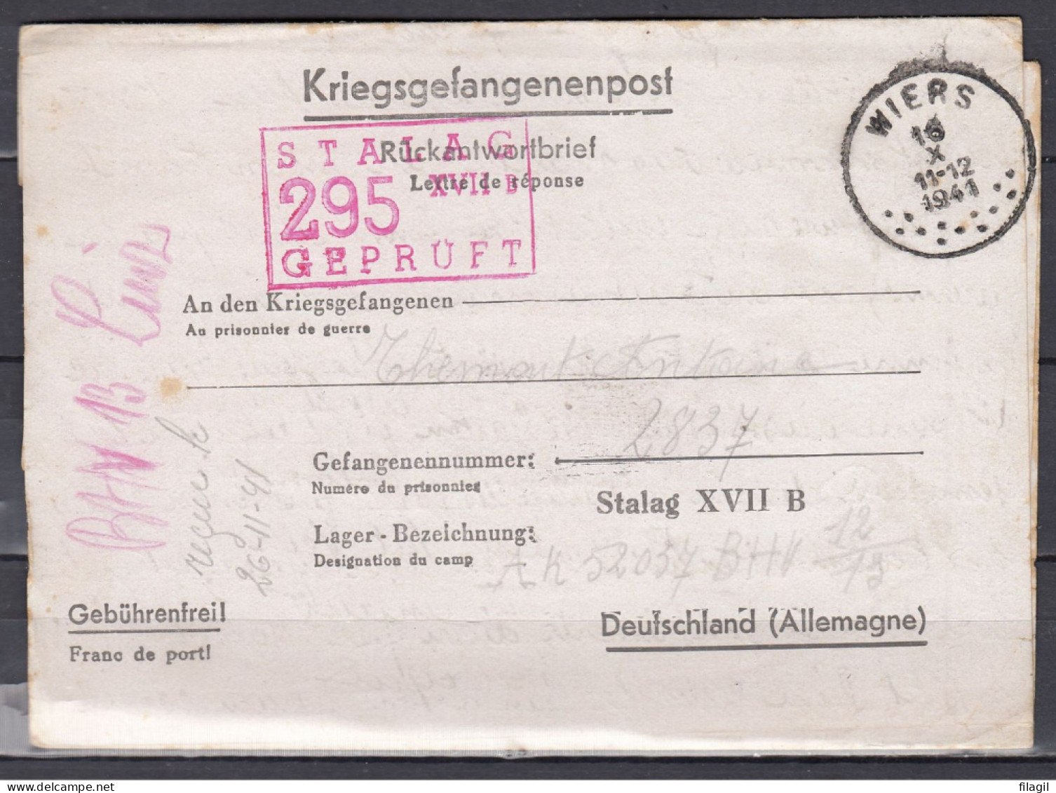 Kriegsgefangenenpost Van Wiers Naar Deutschland Stalag XVII B Stalag 295 Gepruft - Briefe U. Dokumente