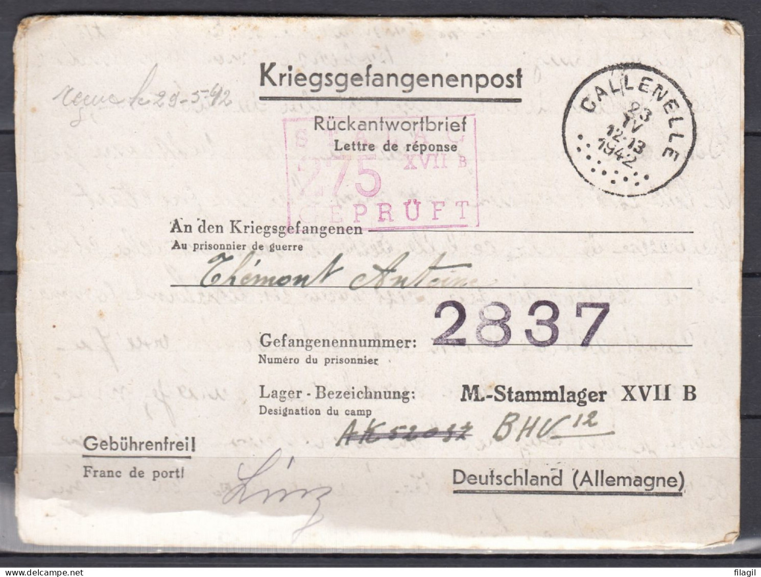 Kriegsgefangenenpost Van Callenelle Naar Deutschland M Stammlager XVII B Stalag 275 Gepruft - Brieven En Documenten