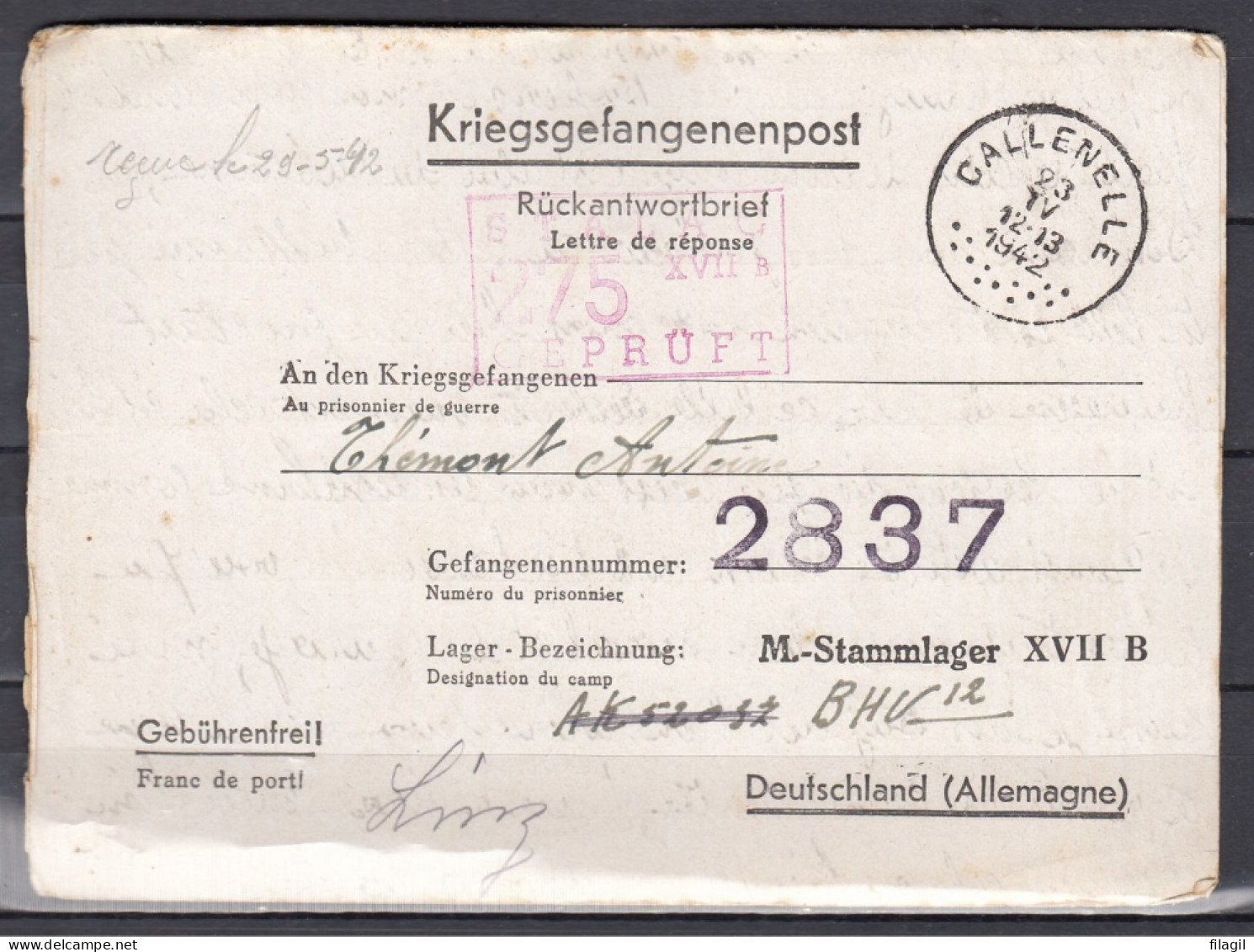 Kriegsgefangenenpost Van Callenelle Naar Deutschland M Stammlager XVII B Stalag 275 Gepruft - Lettres & Documents