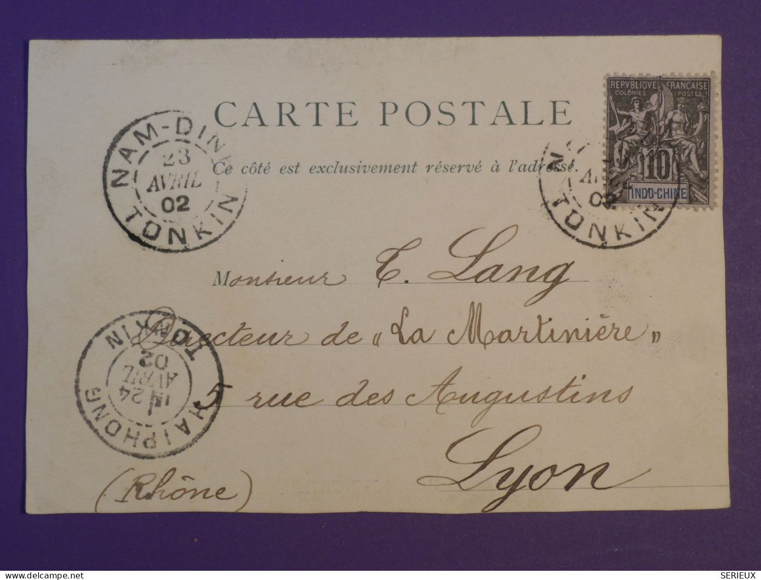 DG1  INDOCHINE BELLE CARTE RARE  1902  PETIT BUREAU NAM DIN A LYON FRANCE  +HANOI  + +AFF. INTERESSANT+++ - Covers & Documents