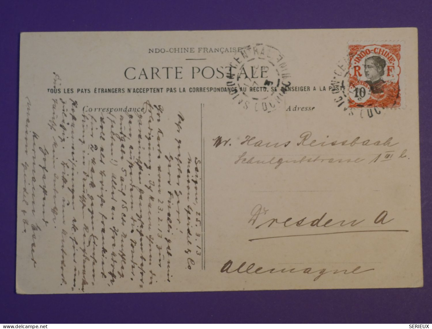 DG1  INDOCHINE BELLE CARTE  1902   COCHINCHINE  A DRESDEN GERMANY   ++ +AFF. INTERESSANT+++ - Briefe U. Dokumente