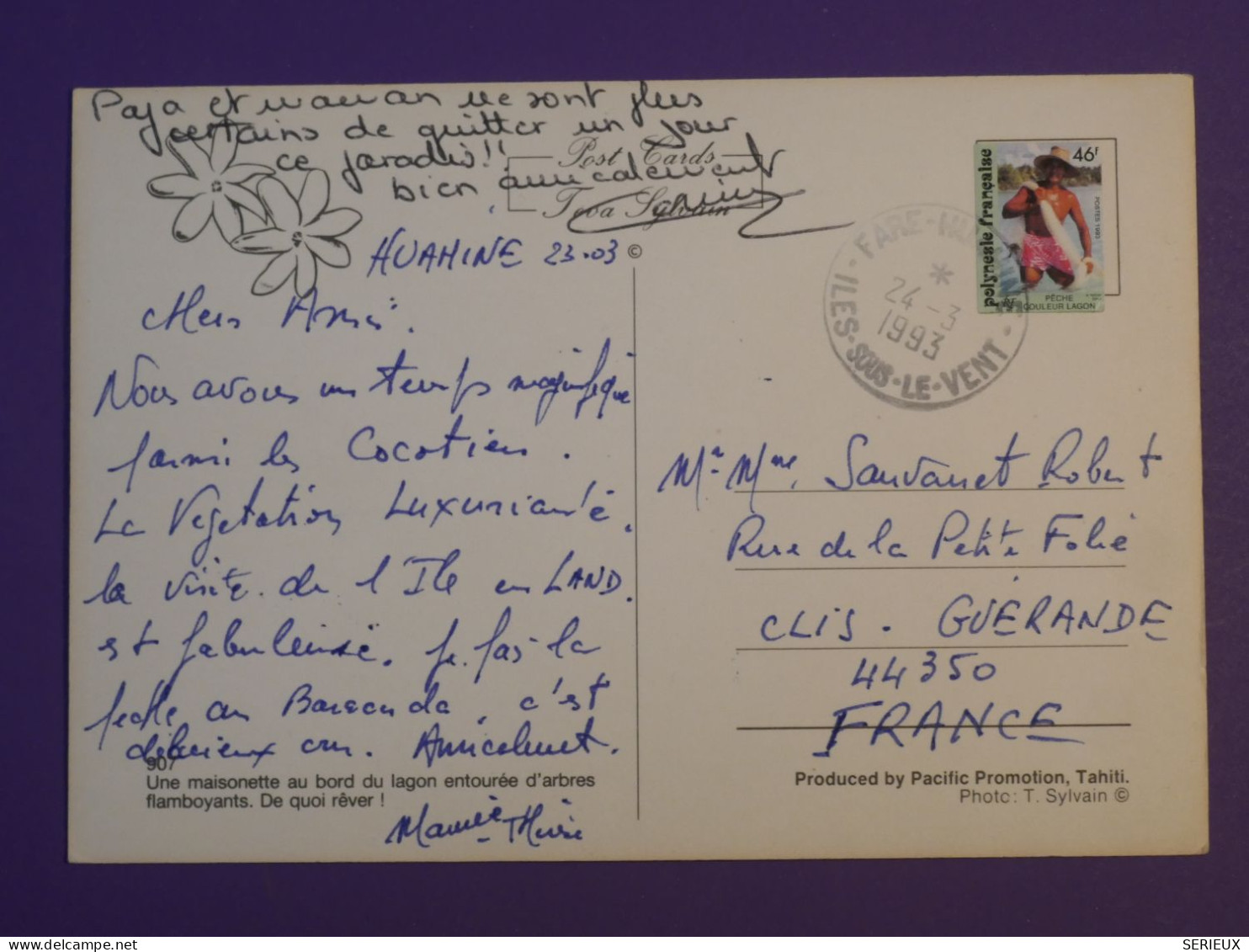 DG1  POLYNESIE  BELLE CARTE ENTIER  1993    HUANINE   A  GUERANDE FRANCE    ++ +AFF. INTERESSANT+++ - Lettres & Documents