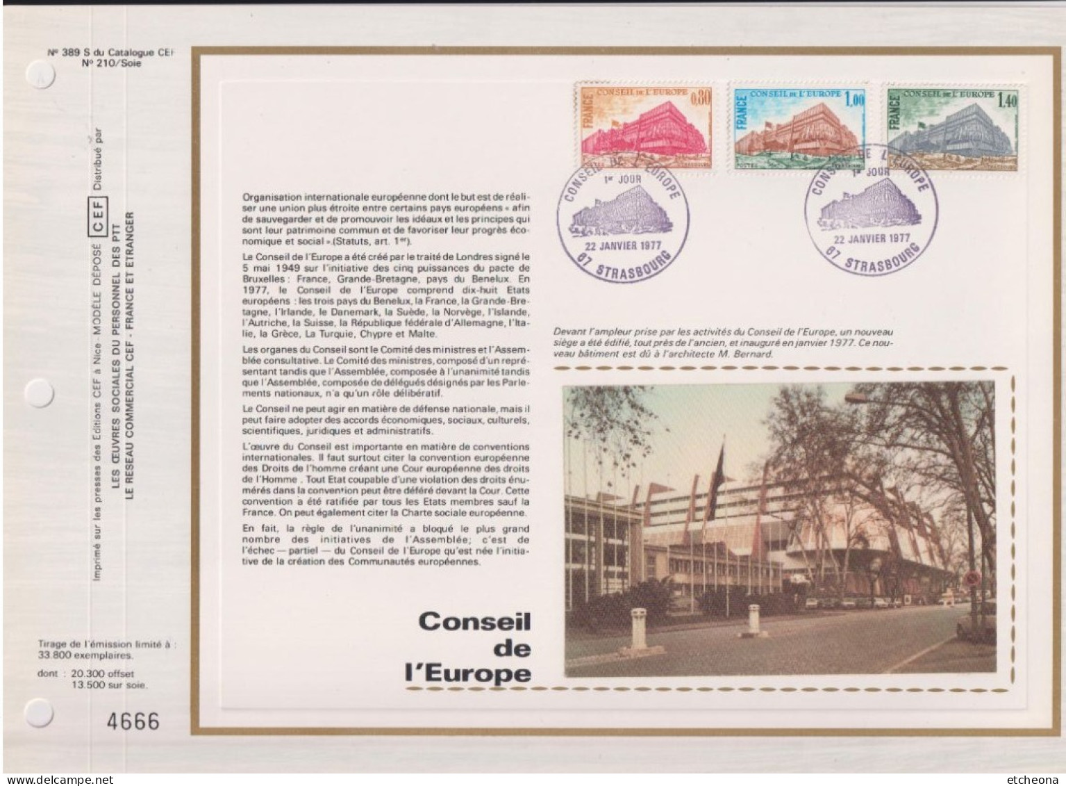 Conseil De L'Europe Encart Numéroté 1er Jour Strasbourg 22.01.1977 N°S52 S53 S54 Catalogue CEF 389S Le Bâtiment - Cartas & Documentos