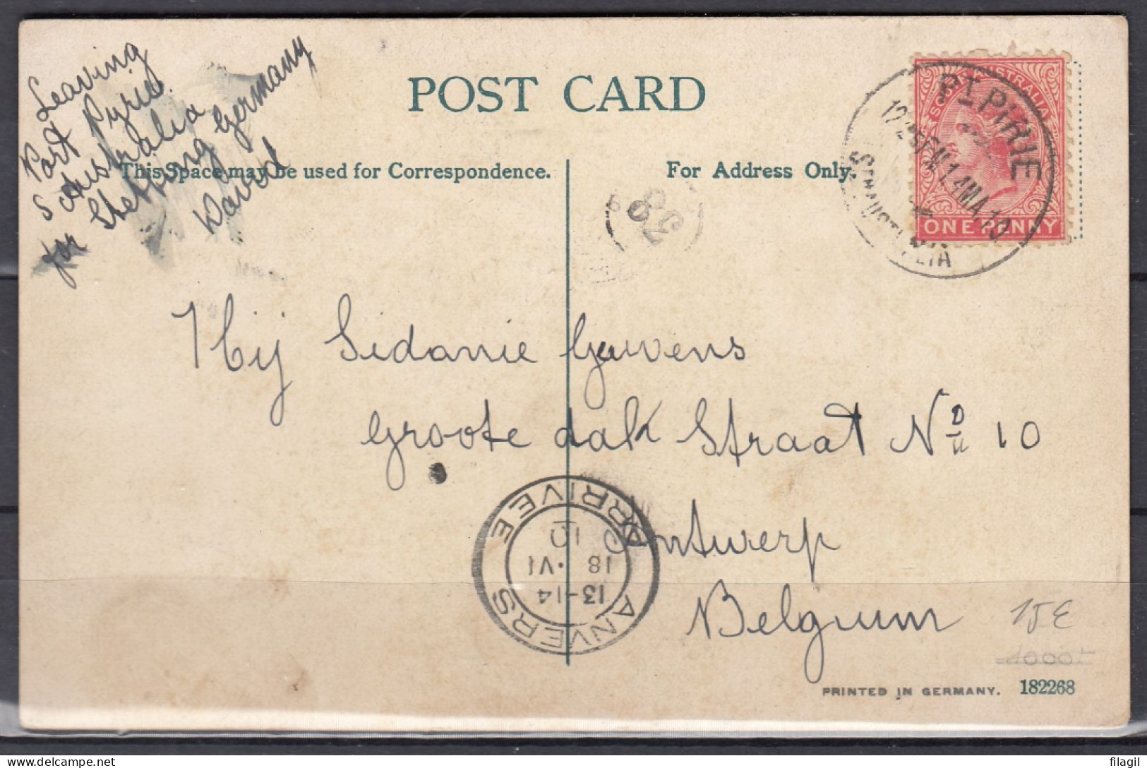 Postkaart Van Pi Pirie Naar Antwerpen (Belgie) - Lettres & Documents