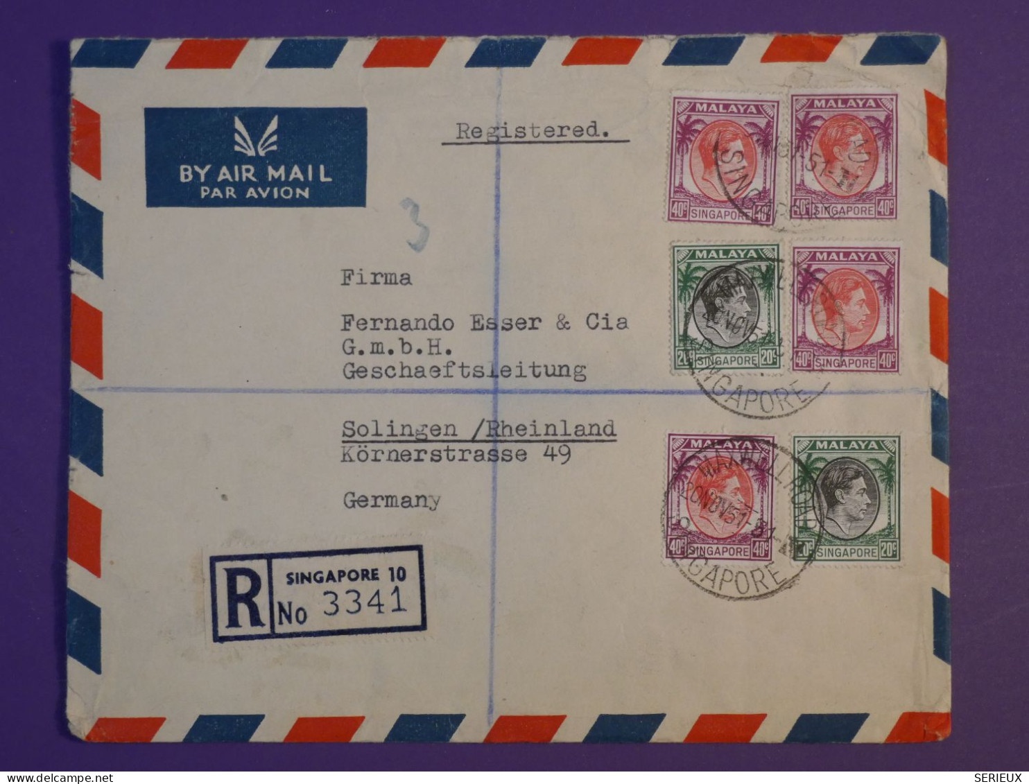 DG1 MALAYSIE SINGAPORE BELLE LETTRE RECO.  1951   A SOLINGEN GERMANY +AFF. INTERESSANT++ +++ - Malaya (British Military Administration)