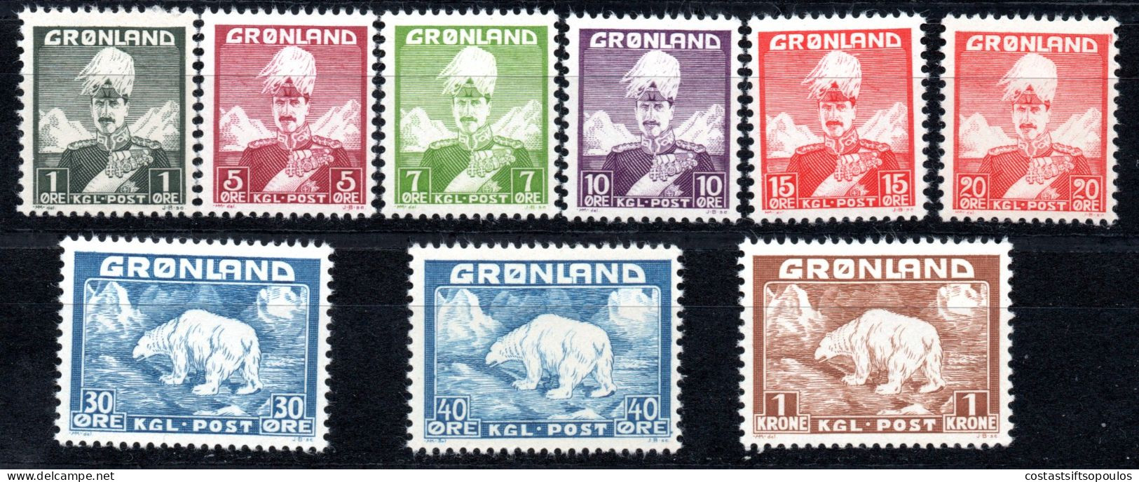 2291 DENMARK, GREENLAND 1938-1946 KING, POLAR BEAR # 1-9 MNH, LIGHT GUM COLOUR BLEMISH - Ongebruikt