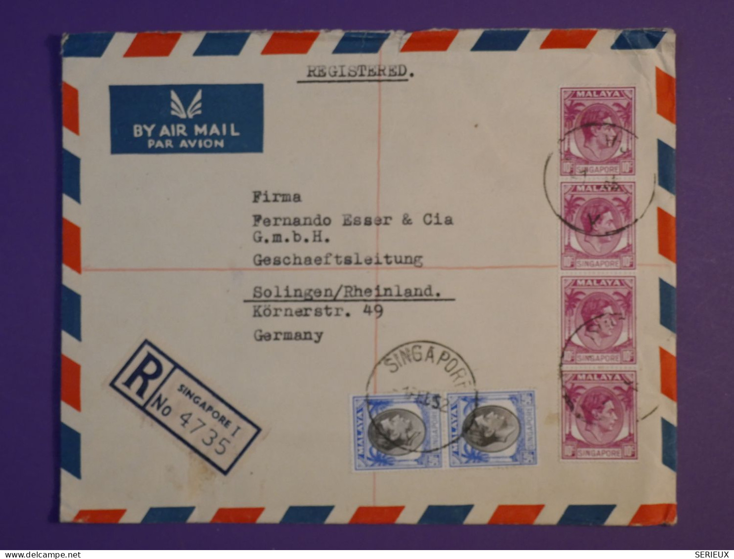 DG1 MALAYSIE SINGAPORE BELLE LETTRE RECO.  1952   A SOLINGEN   GERMANY +BANDE VERT. DE 4 TP+AFF. INTERESSANT++ +++ - Malaya (British Military Administration)